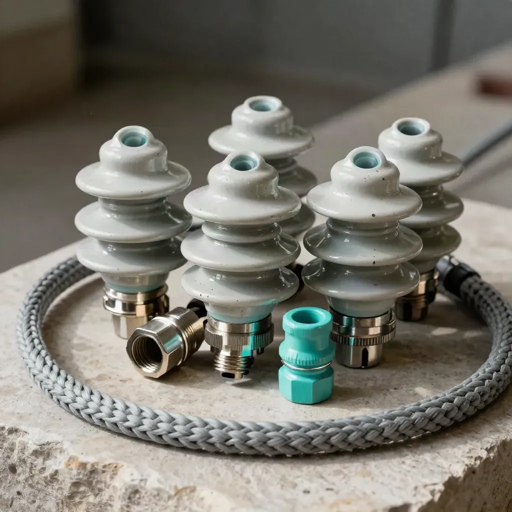 Conectores eléctricos y aisladores cerámicos sobre piedra clara con un acento turquesa.