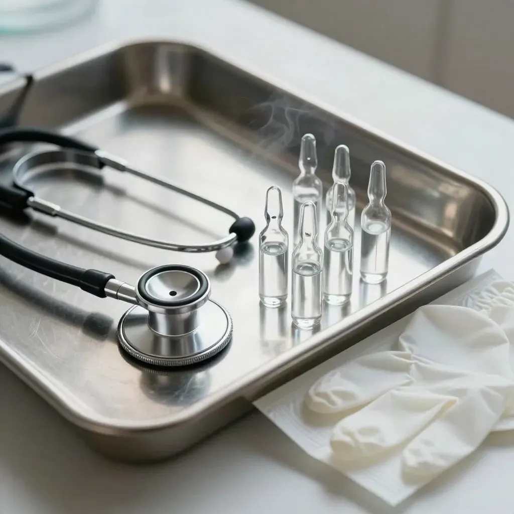 Bandeja clínica con estetoscopio, ampollas y guantes sobre metal cepillado