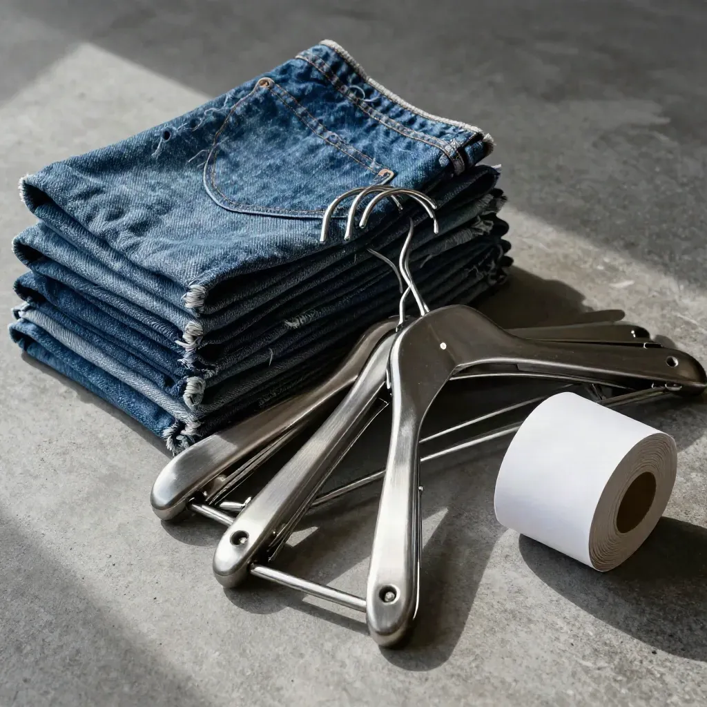 Swatches de denim, ganchos metálicos y clips sobre hormigón, con luz dramática de estudio.