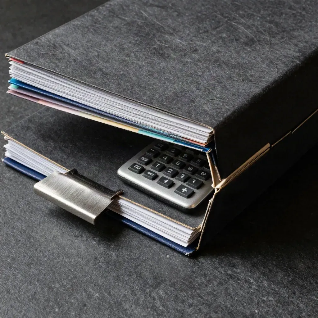 Carpeta archivadora abierta con pestañas de color, pinza metálica y calculadora sobre piedra oscura.