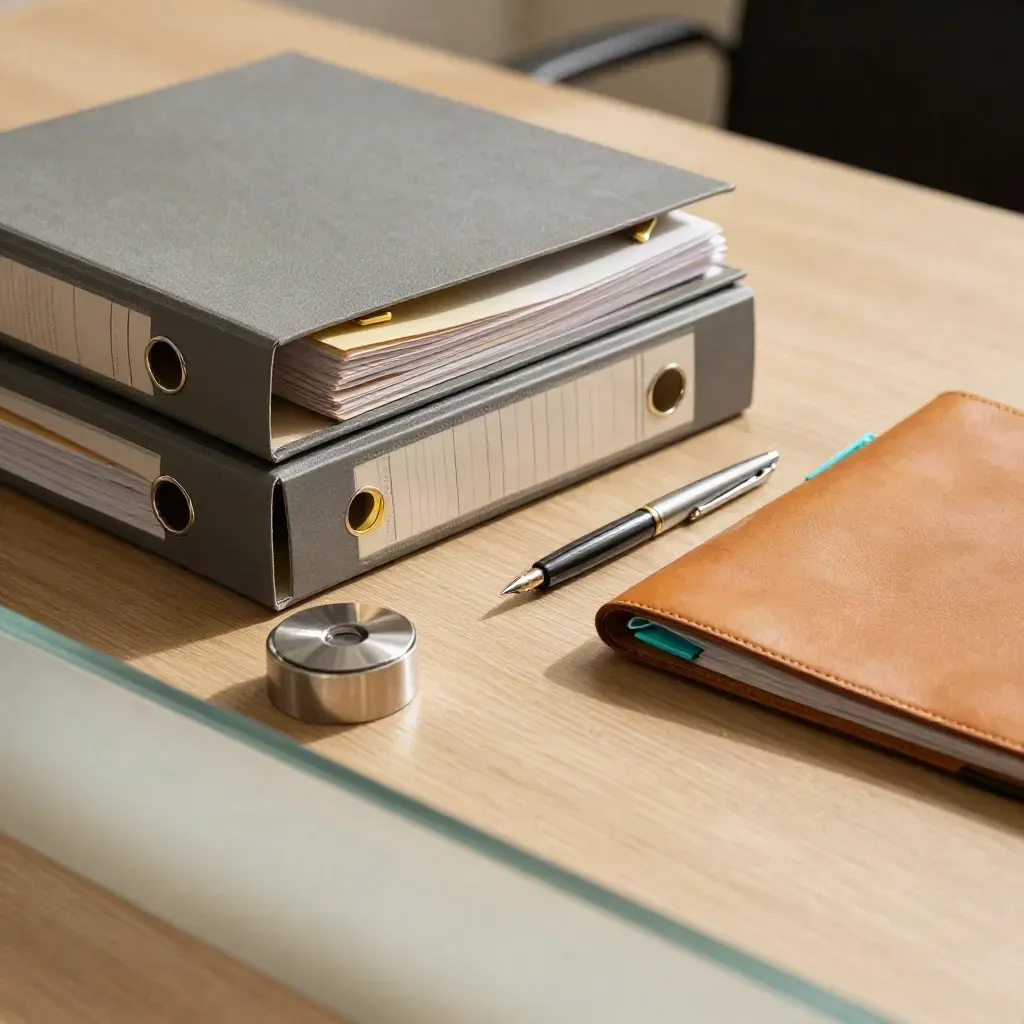 Archivadores cerrados, carpeta de cuero y vidrio esmerilado sobre madera clara.
