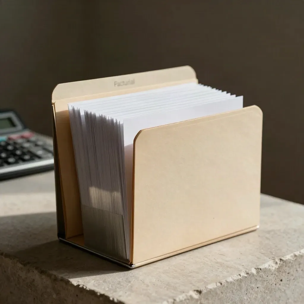 Carpeta de archivo, caja de recibos y separadores sobre piedra clara con luz suave.