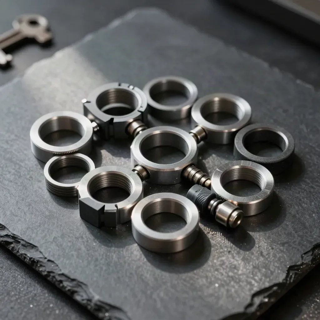 Anillos metálicos y bloques modulares sobre una losa grafito, con luz dramática y sombras profundas.
