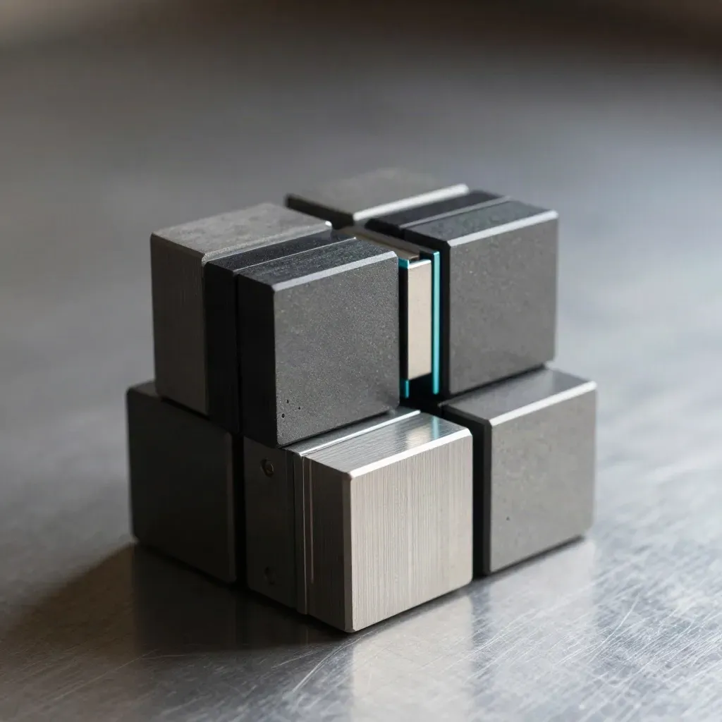 Cubos modulares grafito con uniones magnéticas sobre metal cepillado, luz suave y textura fina.